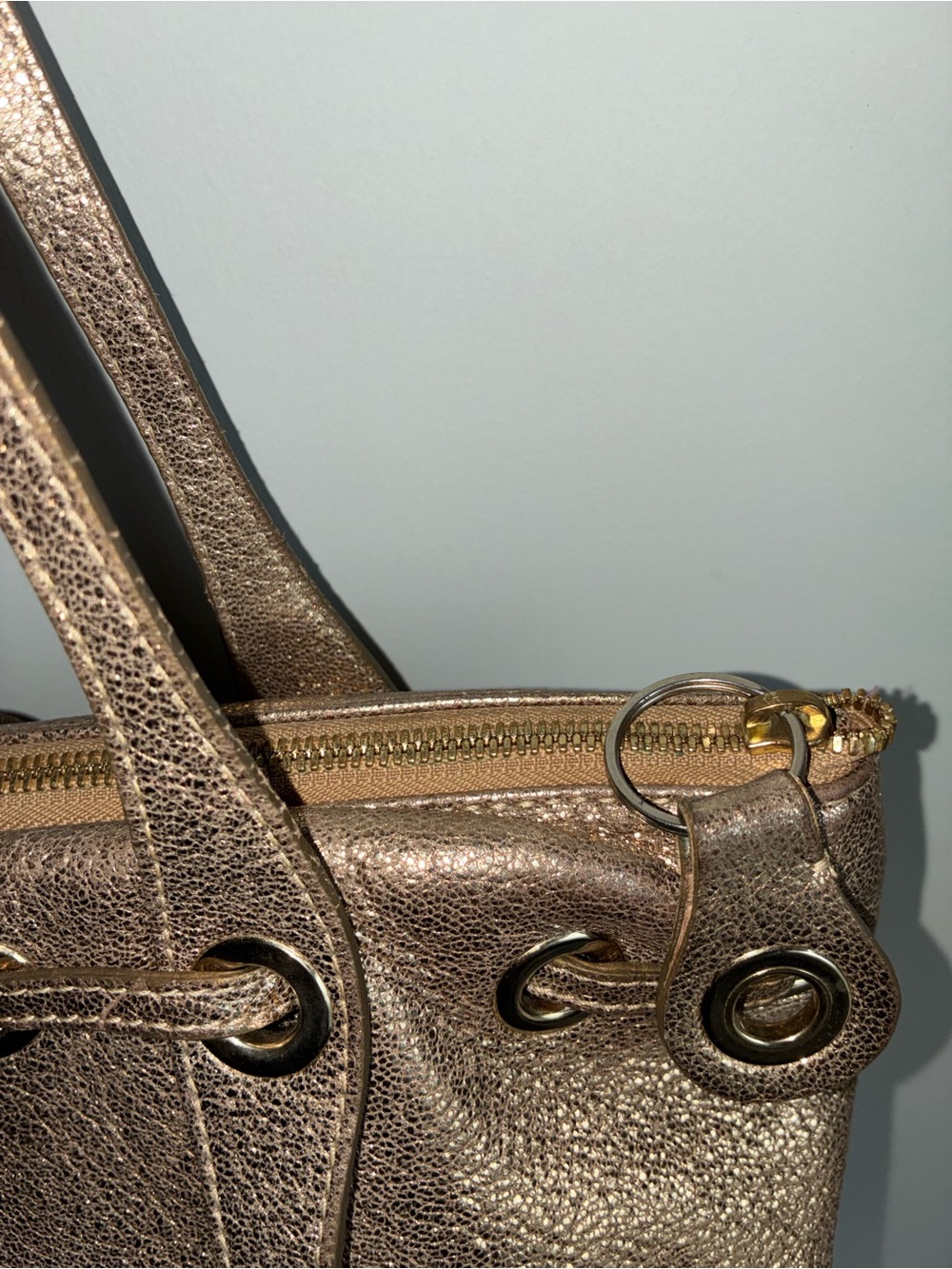 Jimmy Choo Metallic Shoulder Bag — Drawstring & Zip, Silver Hardware, Logo - Picture 11 of 13